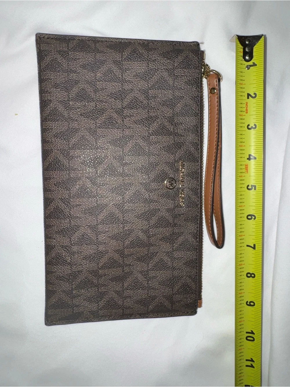 Michael Kors Brown MK Logo Wristlet Pouch with Tan Strap